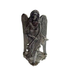 Vintage Metzke Pewter Taper Candle Holder Winged Angel with Horn 9"